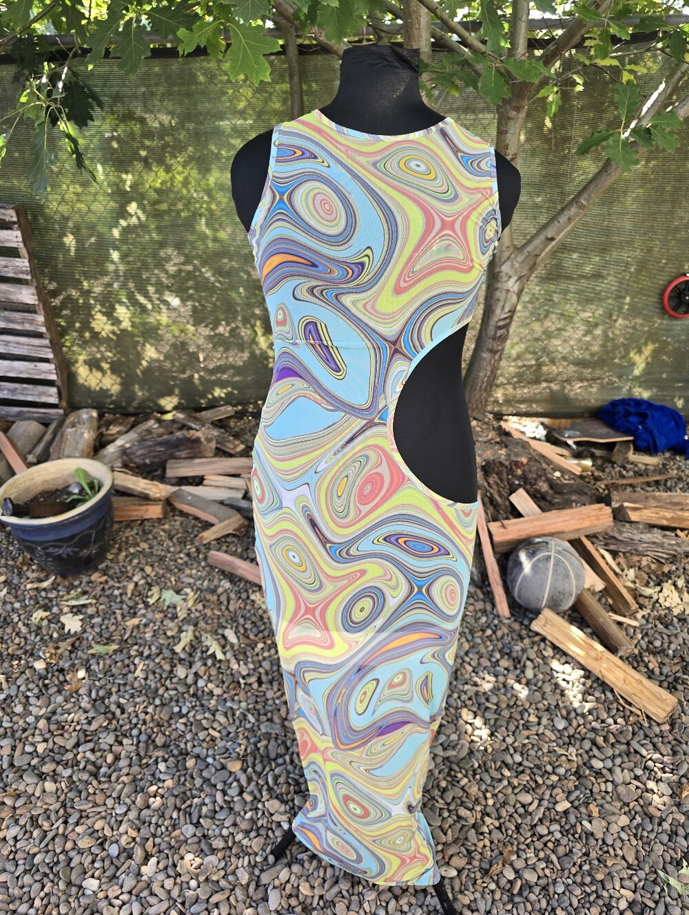 Y2K Cutout Maxi Dress Psychedelic Swirl Trippy Cyber Futuristic Rave Festival